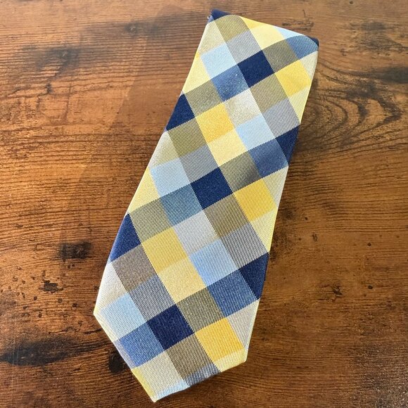 Tommy Hilfiger Men's Neck Tie ~ Gold/Grey/Blue~ Plaids & Checks Tie - Picture 1 of 3